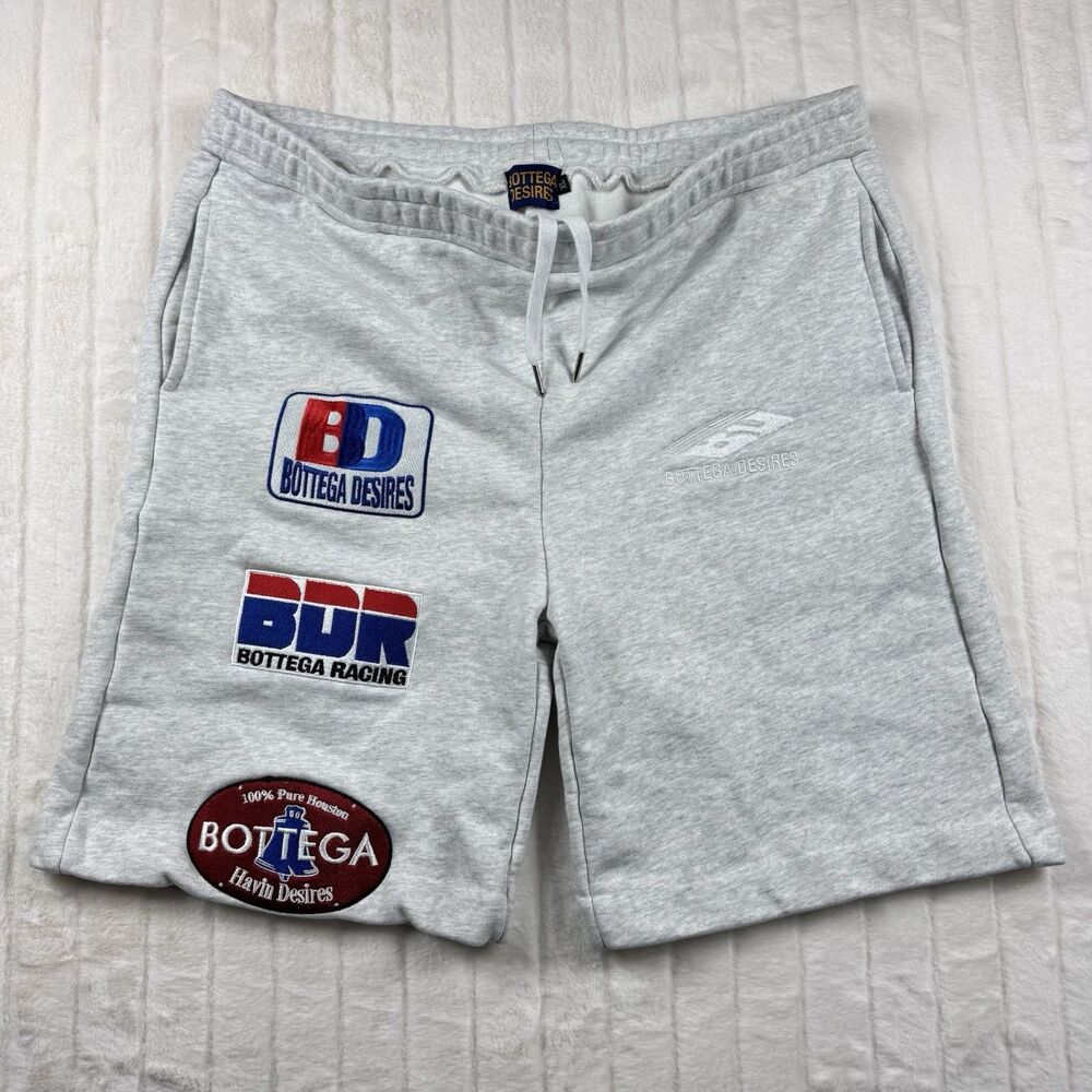 Bottega Desires Racing Patches Embroidered Sweat Shorts Men's XL Heather Read*